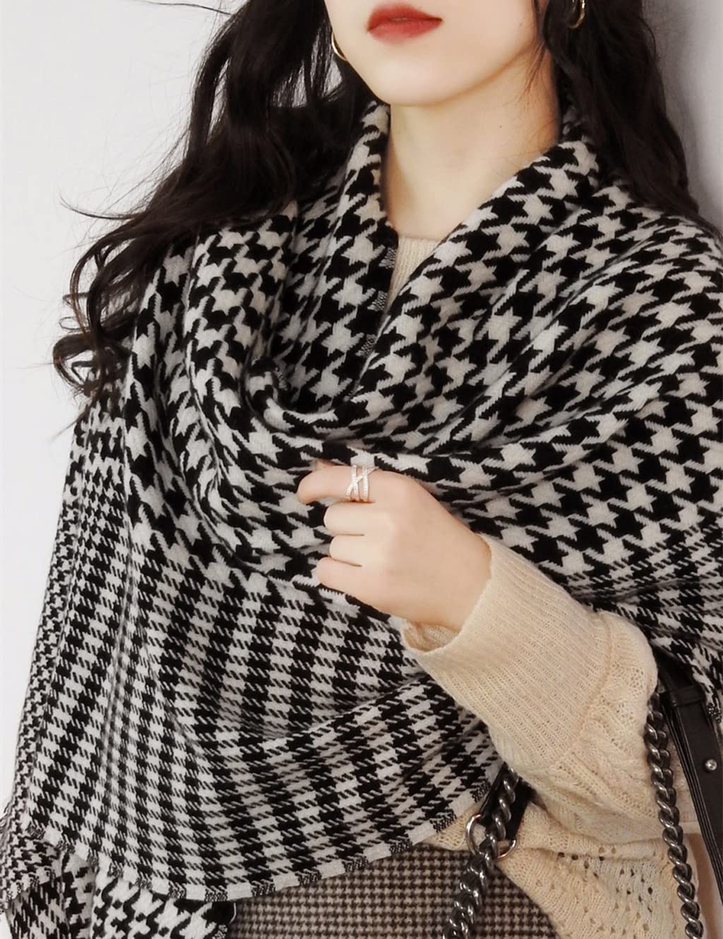 Fashion Houndstooth Scarf, Thick Soft Warm Scarves, Tassel Design